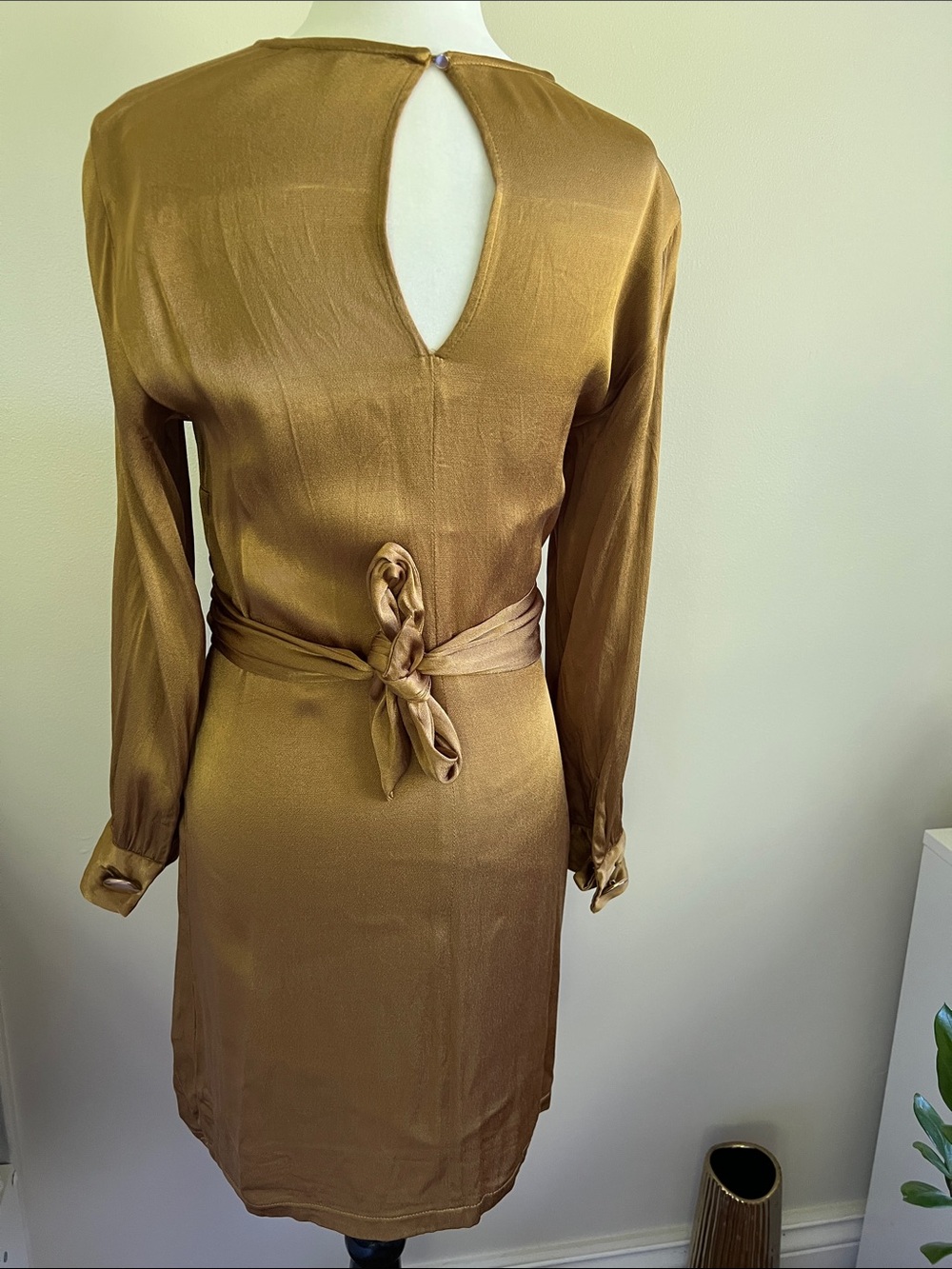 Dynamite • Women’s S • Metallic Gold • Long-Sleeve Wrap Waist Dress - Picture 6 of 7
